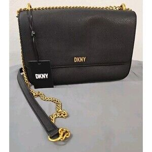 DKNY Sina Medium Flap Shoulder Bag Black Chain Snap Closure Allover Texture $198